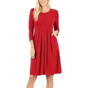 Women's 3/4 Sleeve Pleated Dress with Pockets